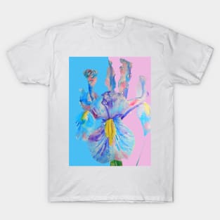 Iris Watercolor Painting - Blue with Raindrops - on Pink and Blue T-Shirt